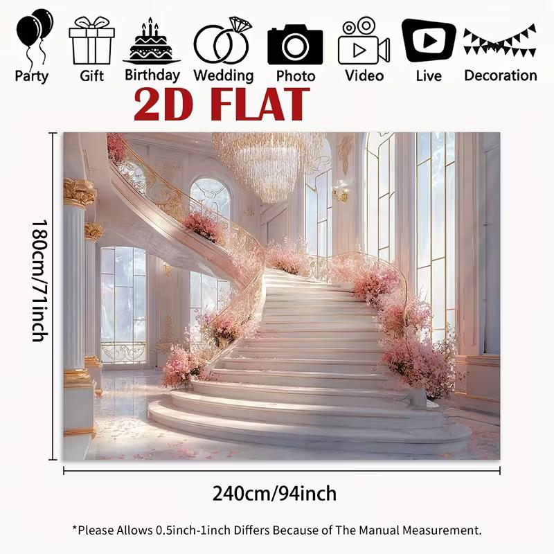 2D Fairytale Pink Staircase Backdrop 2D Flat Print Grand Palace Hall Background for Wedding Events