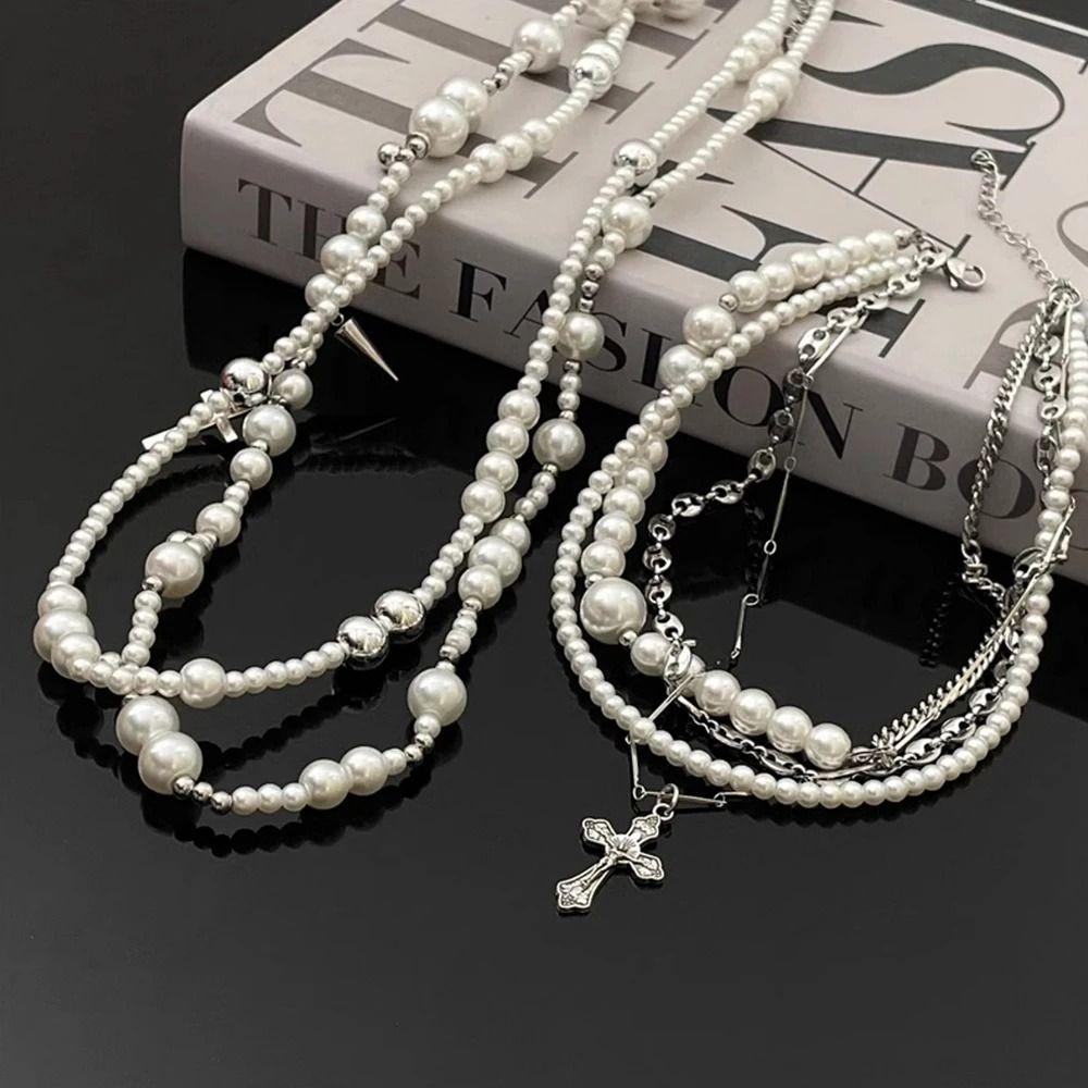 Korean Style Multi-layered Pearl Necklace Cross Women's Clavicle Chain  Women Jewelry