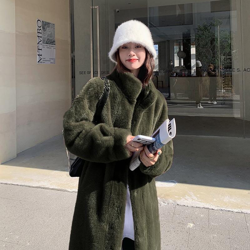 New winter environmentally friendly fur coat women's medium and long fashion large size stand-up collar plush temperament coat