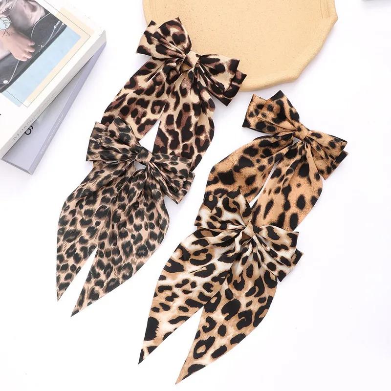 Vintage Leopard Print Bowknot Hairpin Long Ribbon Back Head Spring Clip Ponytail Headwear for Women Elegant Versatile Hairpin