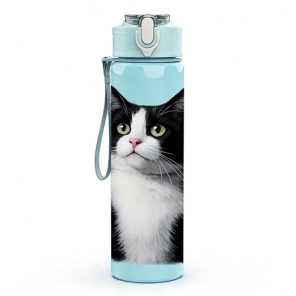 1PC Short Hair Black White Cat Print 750ml Color Plastic Sports Water Bottle Leakproof Flip Straw Lid Suitable for Sports Office Home Use