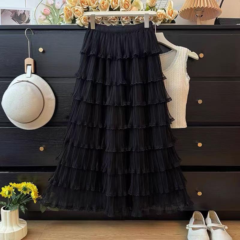 Elegant Autumn Layered Mesh Cake Skirt - Women's Slim-Fit Long Fluffy Gauze Umbrella Skirt