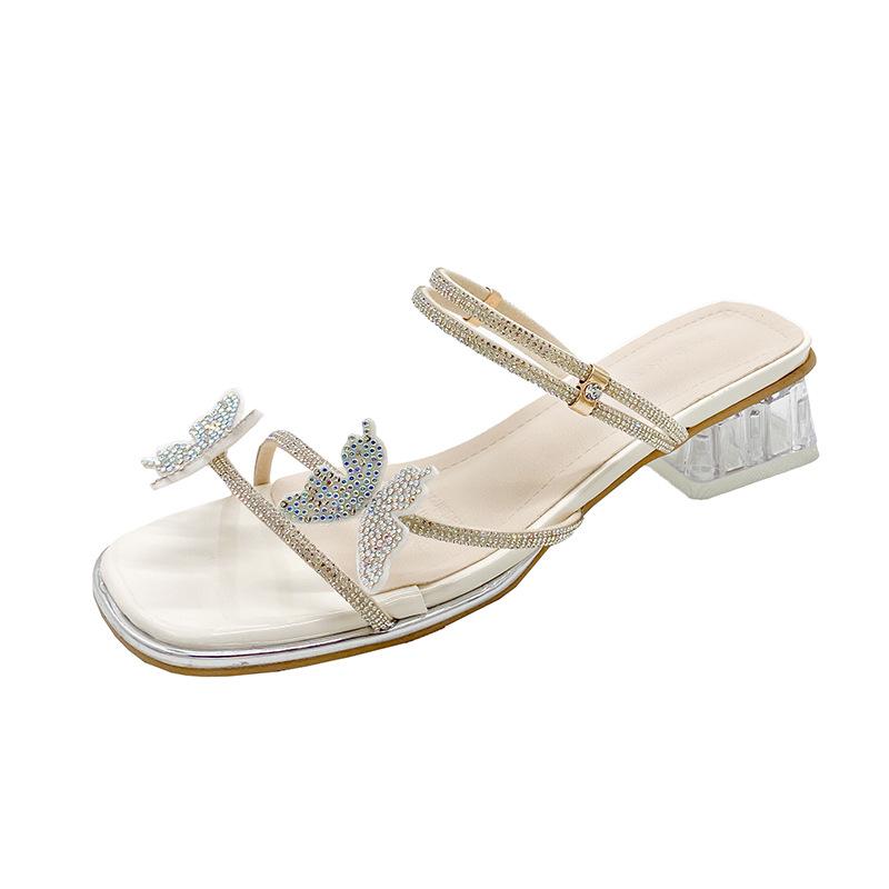 Summer 2025 New Women's Double Wear Butterfly Knot Sandals Transparent French Style Fashionable Thick Heel Slides Slip-On Shoes