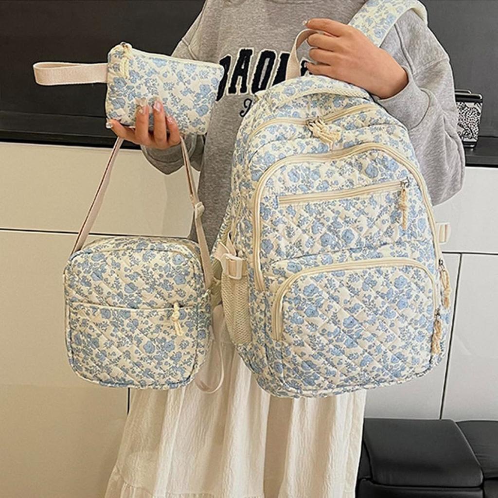 Backpack Cute Kawaii Backpack Set 3 Pieces Floral Quilted Backpack With Small Crossbody Bag