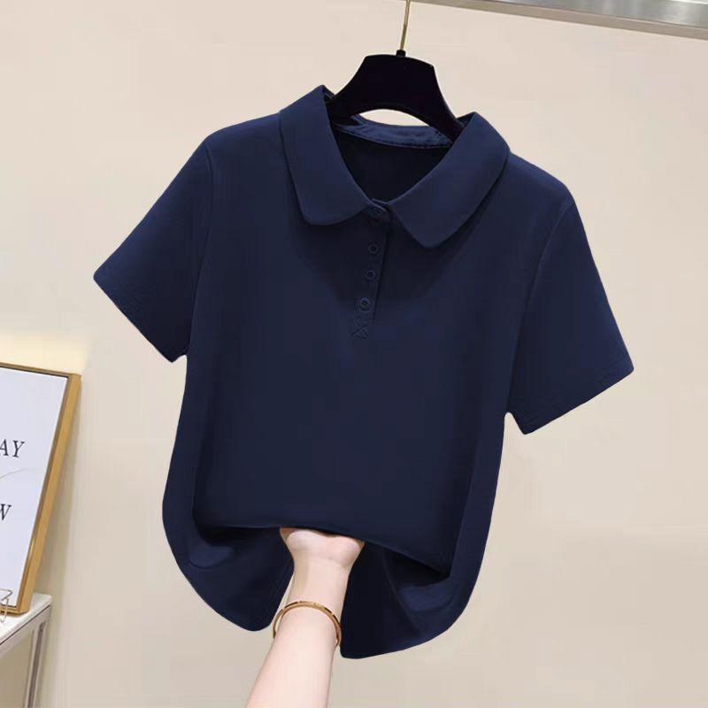 

Brand Foreign Trade Discount 100% Cotton Polo Shirt Short sleeve T-shirt Women Summer New Lapel Solid Temperament Top Navy blue [paragraph pure color]] M