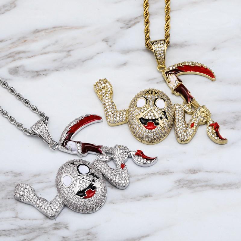 Hip Hop Classic Cartoon Character Scythe Monster Copper Zircon Pendant Necklace Gold