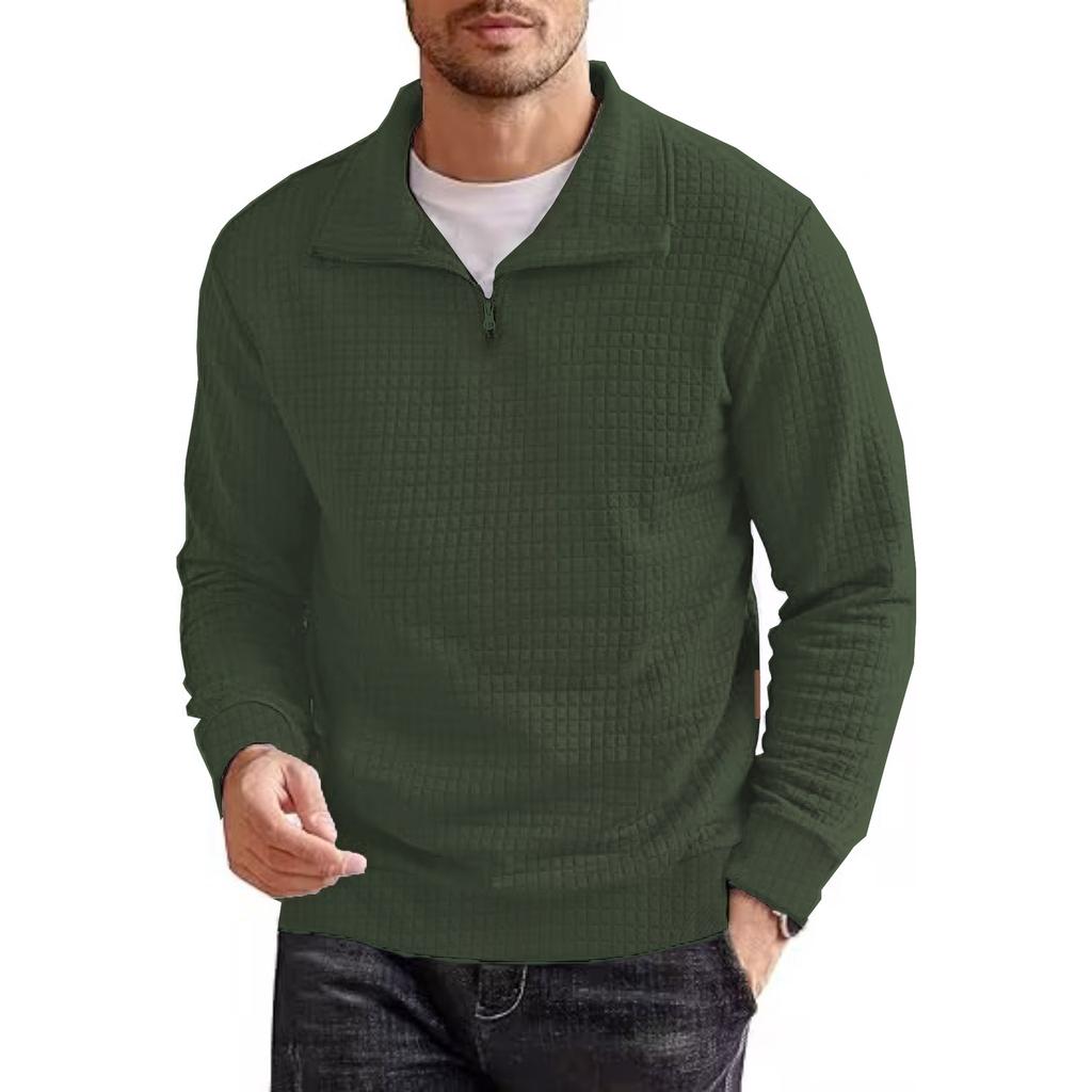 Large Size Men's Spring and Autumn Top Plaid Zipper Sweatshirt Solid Stand Collar Pullover