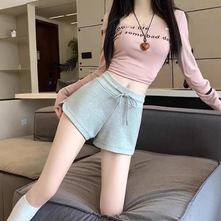 Grey Cotton Sports Casual Shorts for Women Summer A-line High Waist Loose Wide Leg Beach Hot Pants Ins Trend