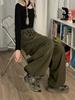 Women's Retro Wide-Leg Drawstring Cargo Pants - Multi-Pocket, Floor-Length, Casual Sport, Spring & Autumn.