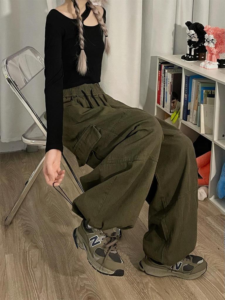 Women's Retro Wide-Leg Drawstring Cargo Pants - Multi-Pocket, Floor-Length, Casual Sport, Spring & Autumn.
