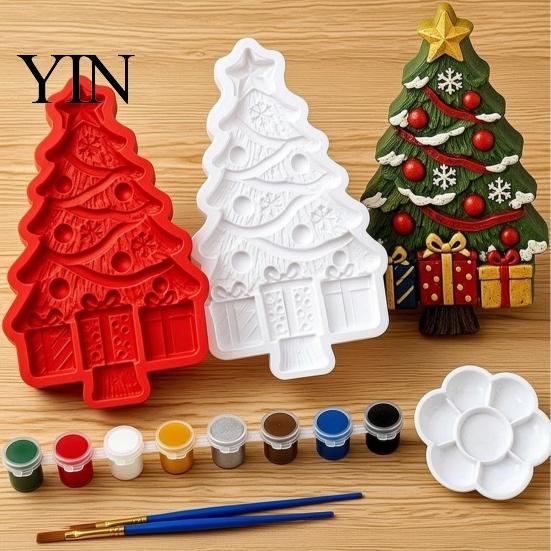 Holiday Party Decorative Crafts Christmas Tree Mold Craft Kit, DIY Casting Painting Kit with Paints Palette And Home Decor Projects Brush, Paint Your