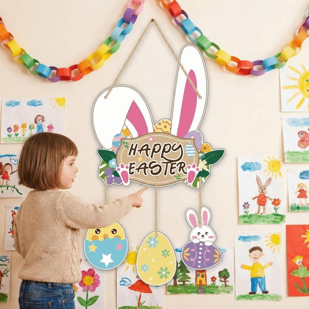 Cartoon Easter Door Hanger Colorful Easter Hanging Ornament Creative Bunny Egg Decor  Front Door