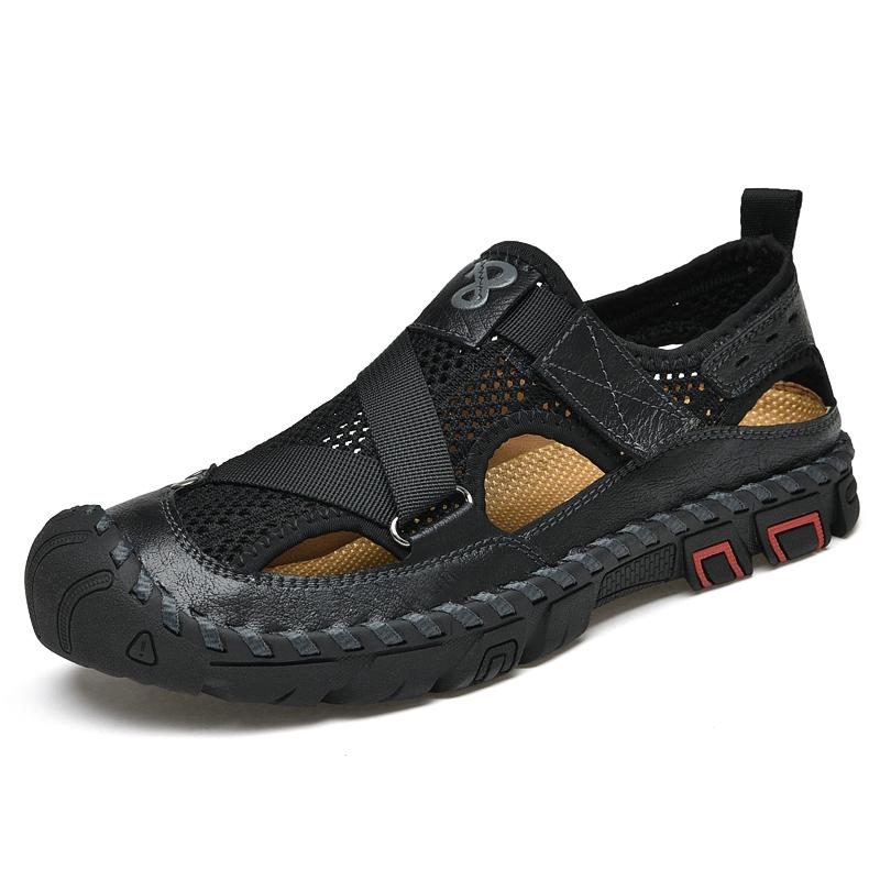 Fashion Breathable Mens Sandals Handmade Leather Male Summer Shoes Outdoor Walking Beach Flats Cool Mesh Sneakers Non-Slip Men Sandalias