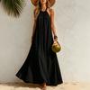 Rochie Maxi de Vară din In pentru Femei cu Gât Halter, Fără Mâneci, Linie A, Largă, Casual, Lungă, Rochie de Soare Floare pentru Plajă