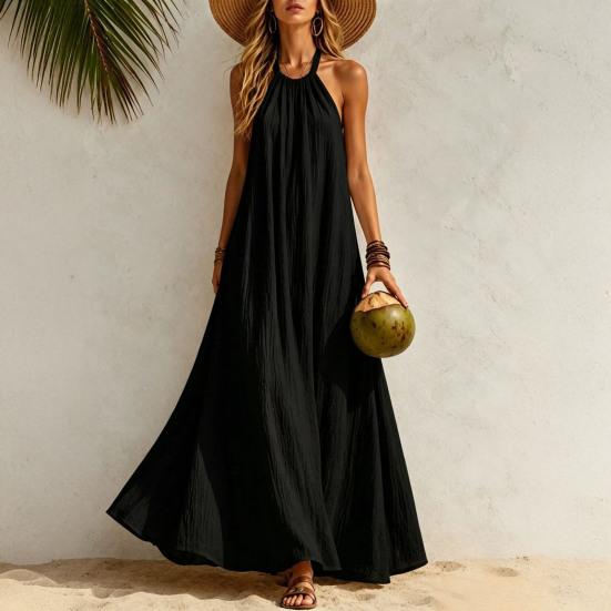 Rochie Maxi de Vară din In pentru Femei cu Gât Halter, Fără Mâneci, Linie A, Largă, Casual, Lungă, Rochie de Soare Floare pentru Plajă