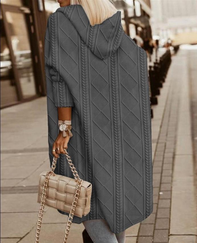 Dames Strandet Mønstret Hette Midilengde Trenchcoat Jakke Cardigan