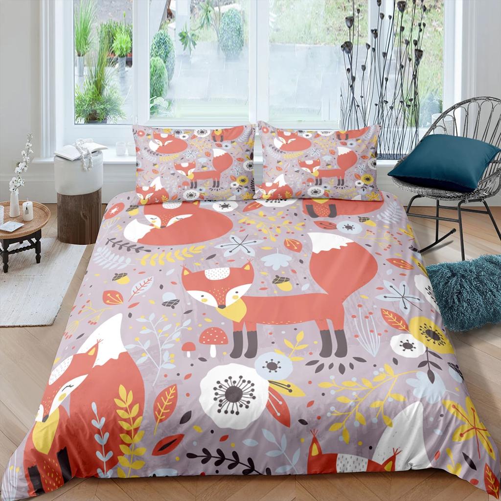 Cartoon Fox King Queen Duvet Cover Lovely Orange Animal Floral Bedding Set Kids Girls Flowers Plant 2/3pcs Polyester Quilt Cover