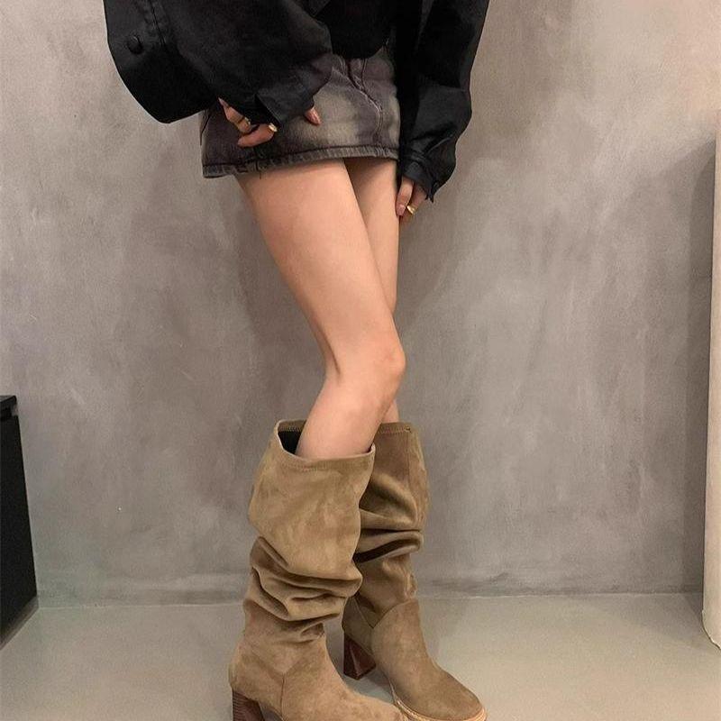 Semišové khaki stohovací kozačky dámské podzim a zima 2025 nové francouzské módní super tenké kozačky kozačky na vysokém podpatku