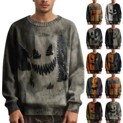 Herren Langarm Pullover Strickpullover Lässiger Halloween-Print Strick Übergröße