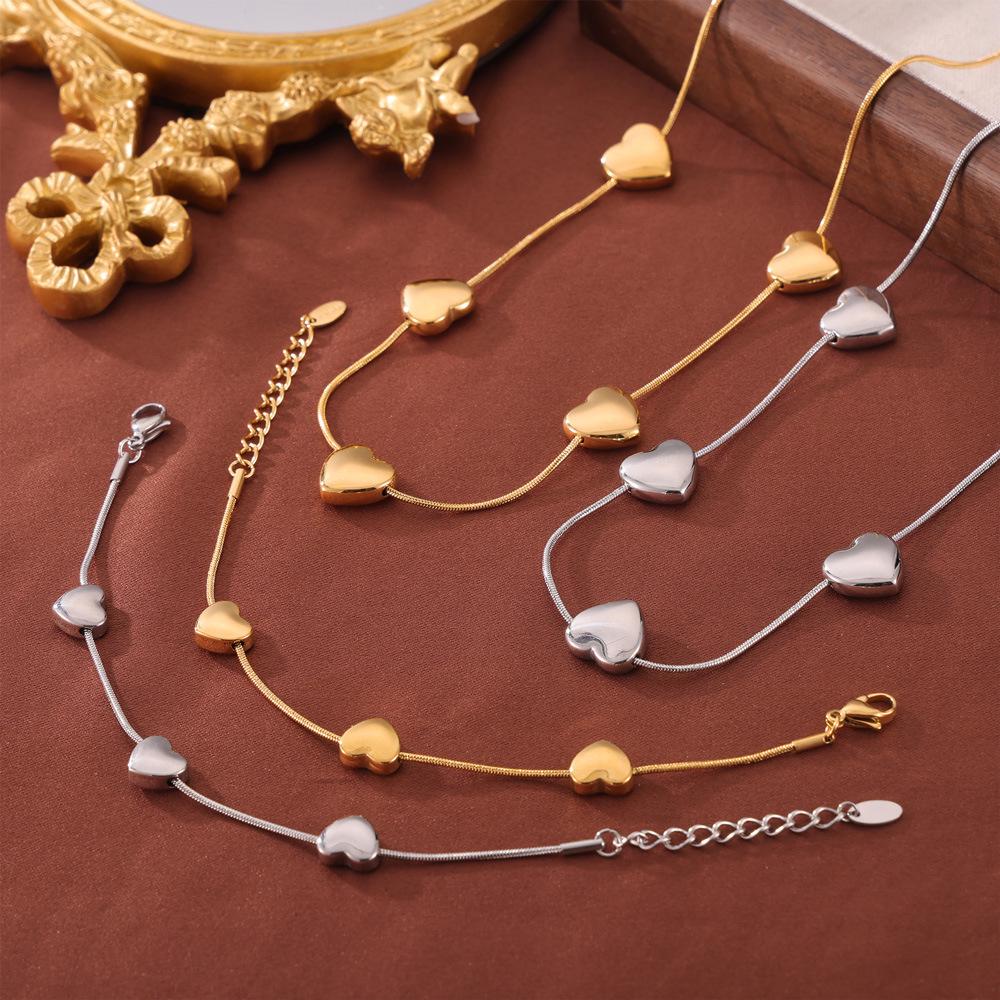 Korean Minimalist Snake Chain Heart Pendant Titanium Steel Jewelry Set