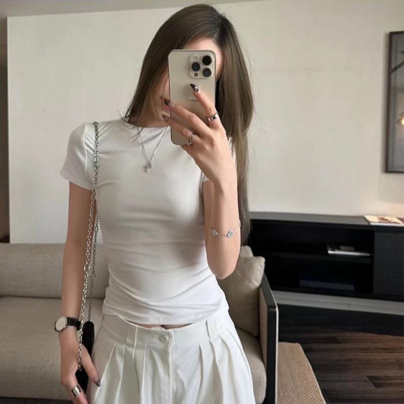 

Women s clothing slim-fitting short-sleeved spring and summer new solid-color versatile pure desire wind waist slim-fitting T-shirt tide M