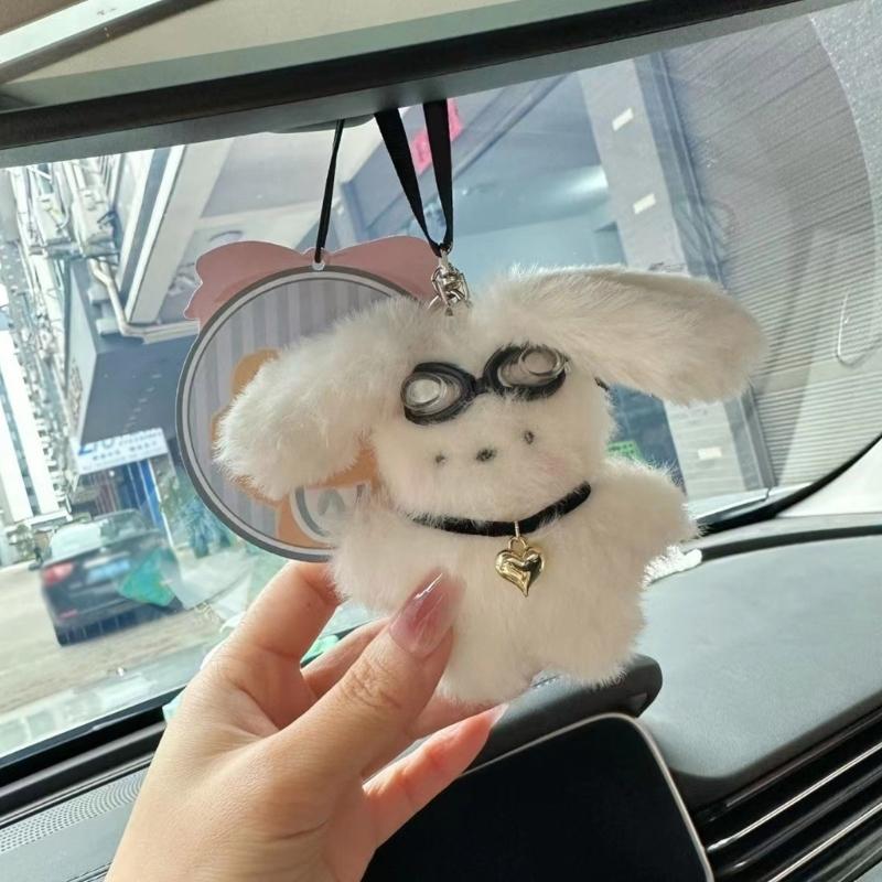 Hanging Decoration Rear View Mirror Cute Long Eared Rabbit Decors Car Interior Accessories Cute Bunny- Pendant Keychain