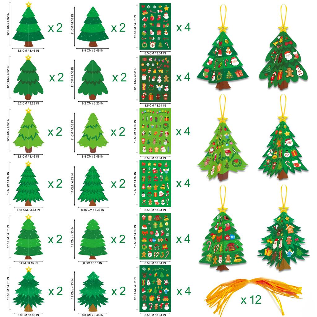 Christmas Tree 3D Cartoon Sticker Diy Craft Kit Hanging Ornaments Greeting Cards Set For Kid Family Holiday Crafting Party Decor