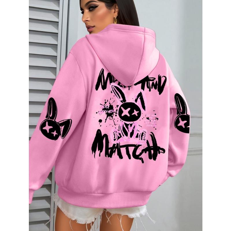 Mix And Match Cartoon Rabbit Prints Women Hoodie Pocket Streetwear Loose Hoody All-Match Fleece Female Clothing