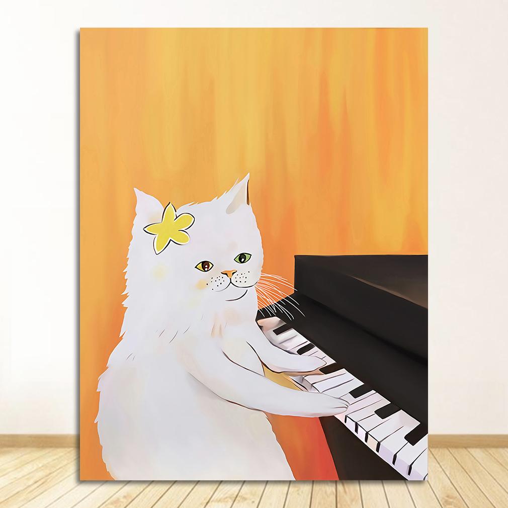 Piano Girls Canvas Posters and Prints Figure Creative Wall Pictures for Living Room Decoration Cartoon Cat Painting Art