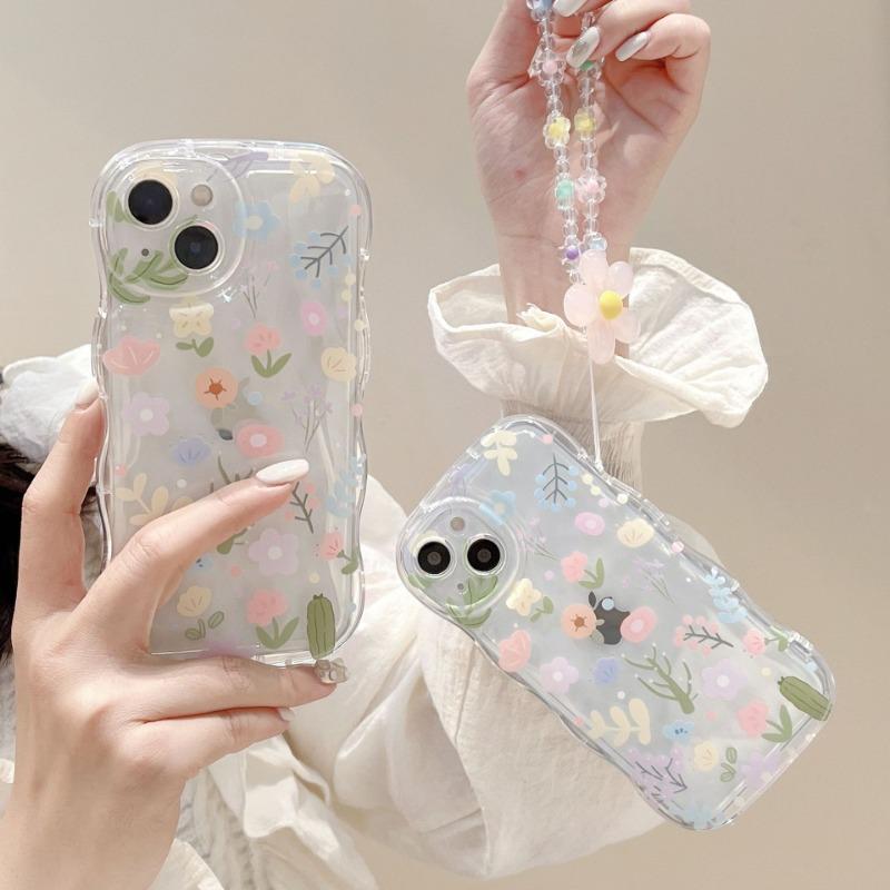 Women Colorful Floral Transparent Anti Drop Silicone Phone Case With Chain For Iphone