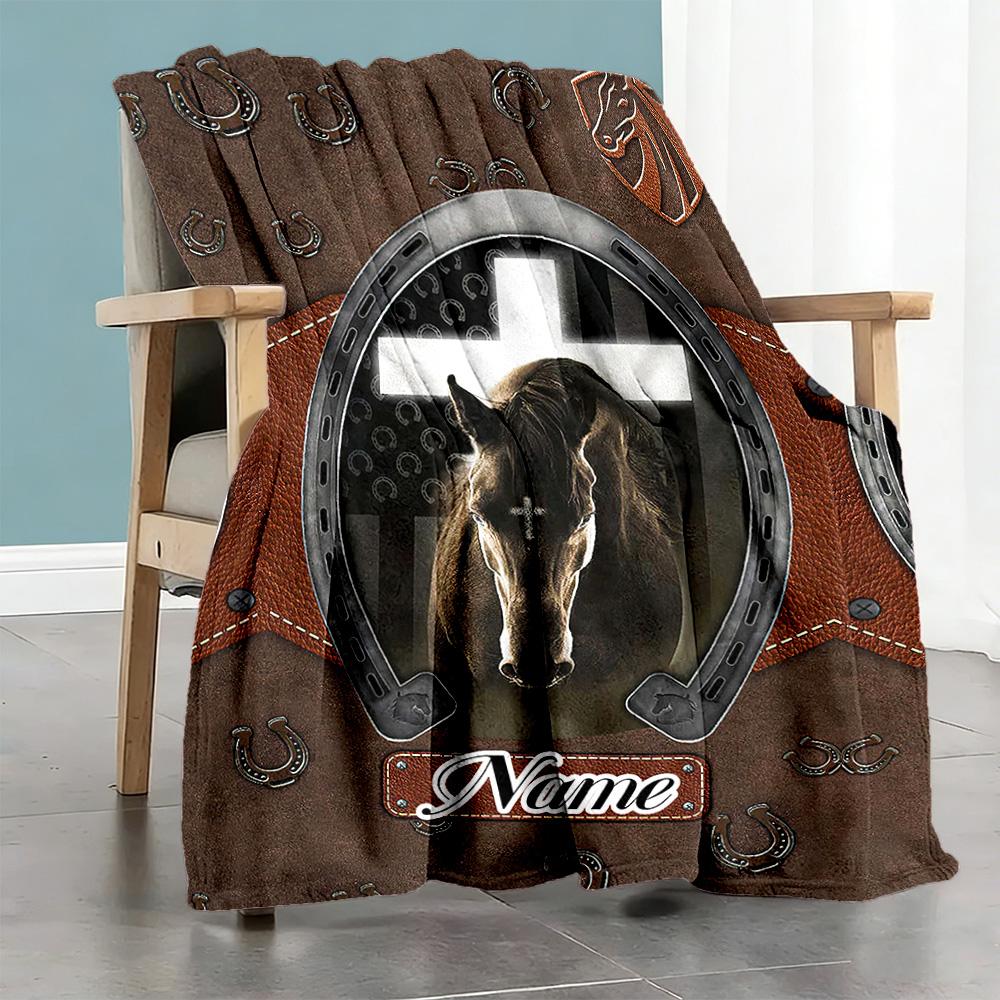 Retro Horse Personalized Name Blanket Multi-purpose Customizable Blanket Comfortable Throw For Nap Living Room Office Seaside All-Season Use