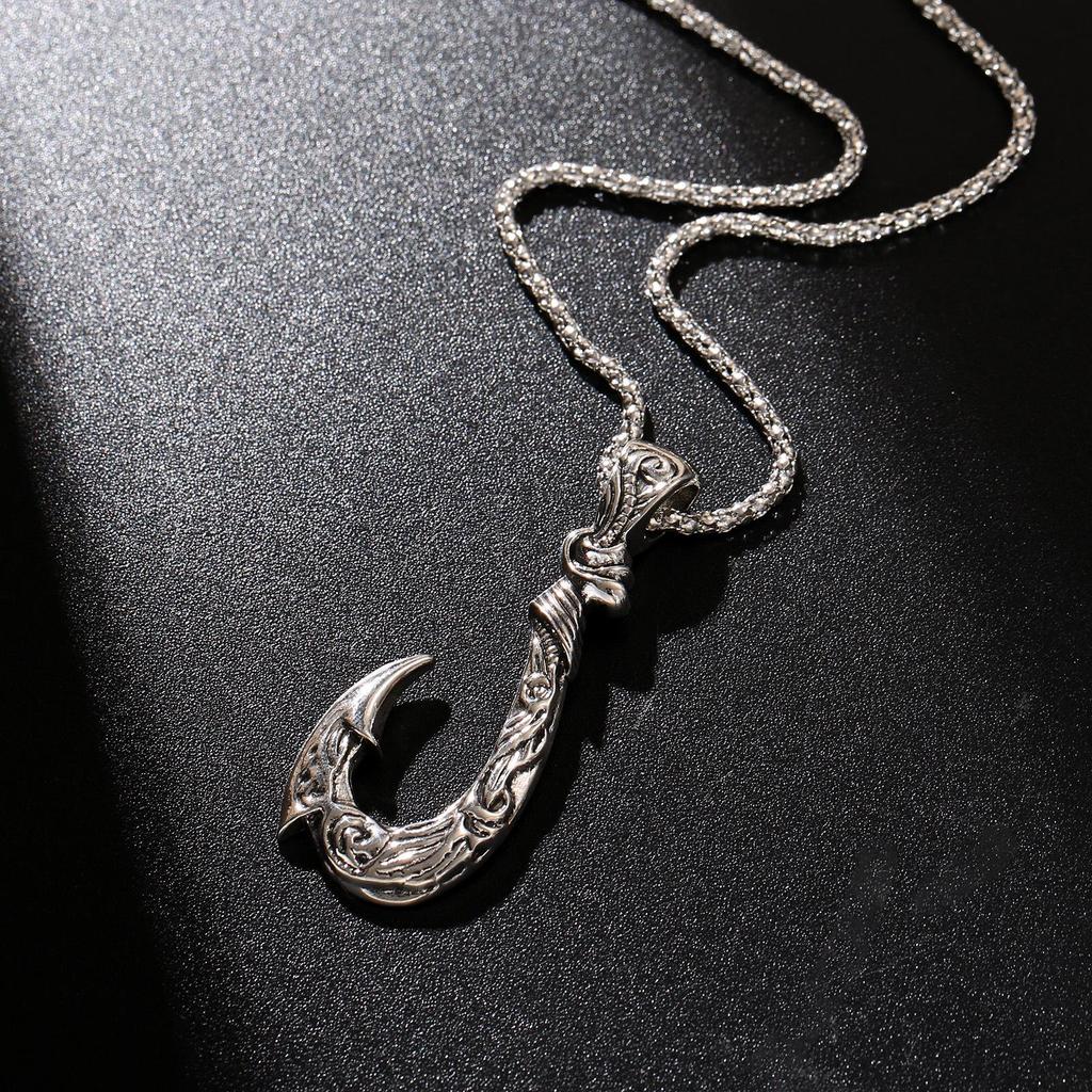 Wave Pattern Fish Hook Pendant - Matte Antique Metal Clavicle Chain