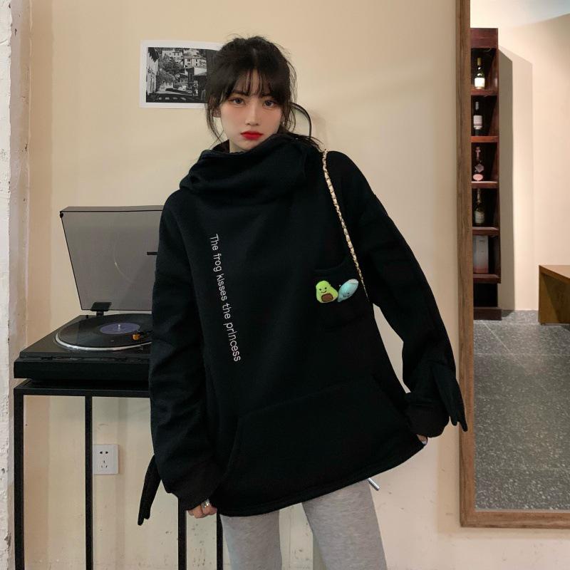 Women's Trendy Frog Pullover Hoodie - Long Sleeve, Unisex, Plus Velvet, Autumn/Winter Style