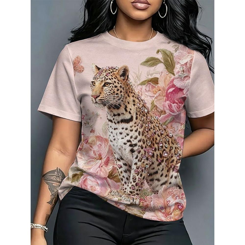 Leopard Pattern 3D Print T-Shirts Summer Women's Short Sleeve Round Neck T Shirt Harajuku Casual Tees Tops Female Clothing