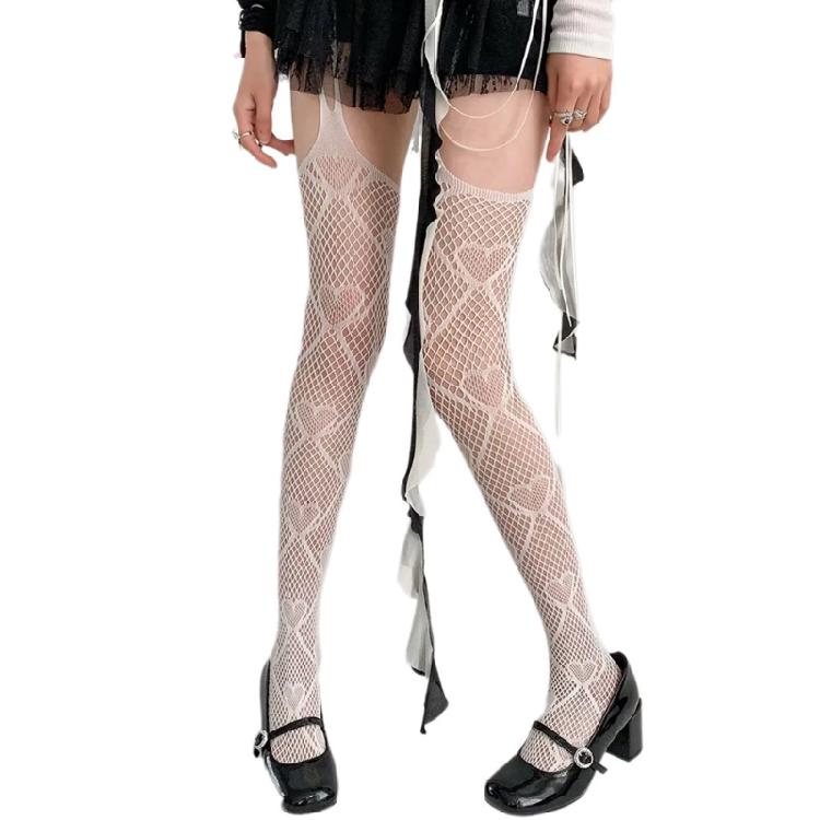 Women Sheer Fishnet Pantyhose Gothic Heart Pattern Suspender Tights Stockings 1
