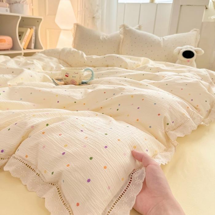2026 New Hollow Lace Wrinkled Cotton Four-piece Set Household Student Dormitory Three-piece Set Bed Sheet Quilt Cover
