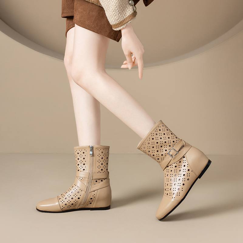 Krazing Pot Cow Split Leather Round Toe Size 43 Increaseing Summer Boots Fashion Hollow Decorations Buckle Summer Boots