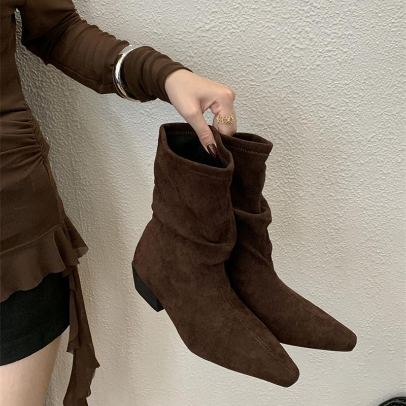 

Винтажные плиссированные женские ботильоны до щиколотки Осень Зима Острый носок Узкие короткие ботильоны Модная обувь на квадратном каблуке 35