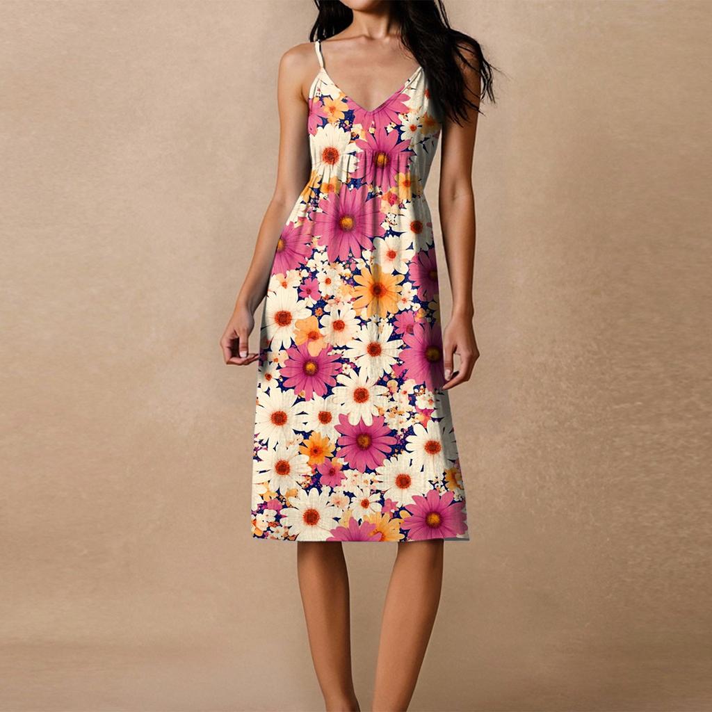 Damen Spaghetti-Träger Rückenfrei Schleife Locker Lässig Strandurlaub Blumenmuster Kleid Sommerkleid