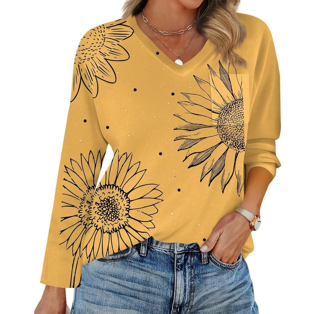 Women's Raglan Long Sleeve V-Neck T-Shirt Splicing Solid Color Casual Top Pullover V-Neck Pocket Bottoming Shirt