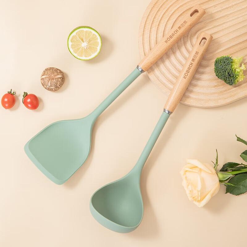 KBH Beech Wood Handle Silicone Spatula & Ladle Set