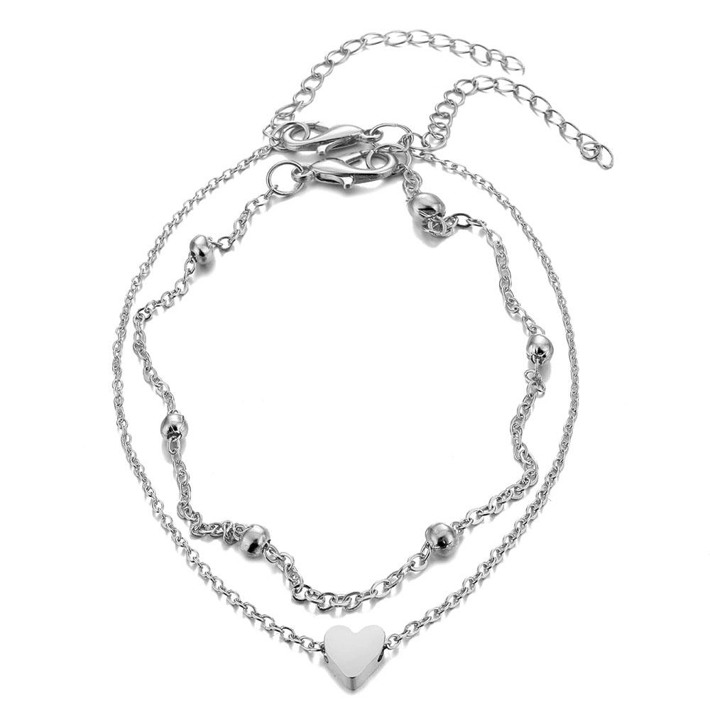 Summer Beach Golden Round Bead Foot Chain Simple Temperament Heart-shaped Anklet Multi-layer Thin Chain Woman