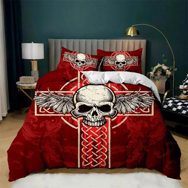 Skul Soft Duvet Cover Set Horible Skeleton Beding Set Bedclothes Halowen Gothic Hor Polyester Comfortable Quilt Cover Double Quen King