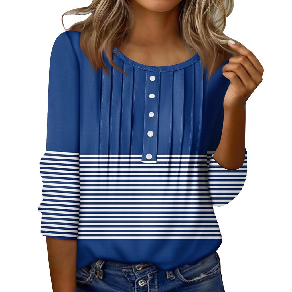 Women's Round Neck Pull Stripe Decorative Button Top Casual Solid Color 3/4 Sleeve T Shirt