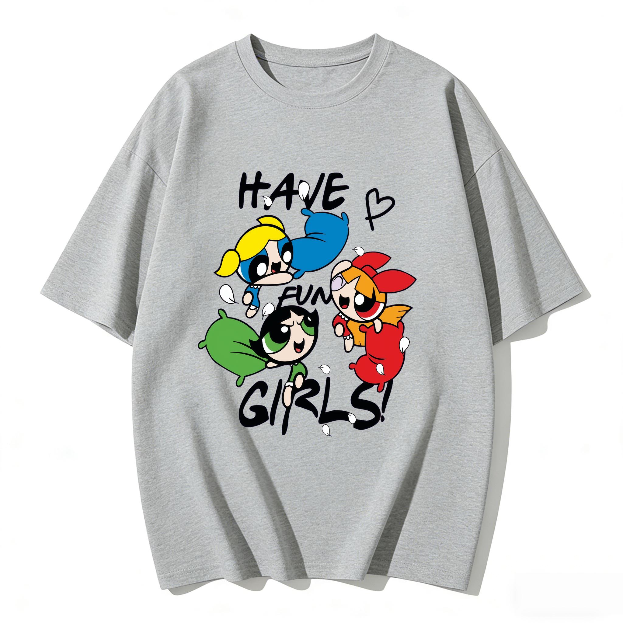 

2026 Summer Cute Powerpuff Girls Family Matching T Shirts Cartoon Print Cotton Tees Casual Short Sleeve Tops for Kids and Adults S