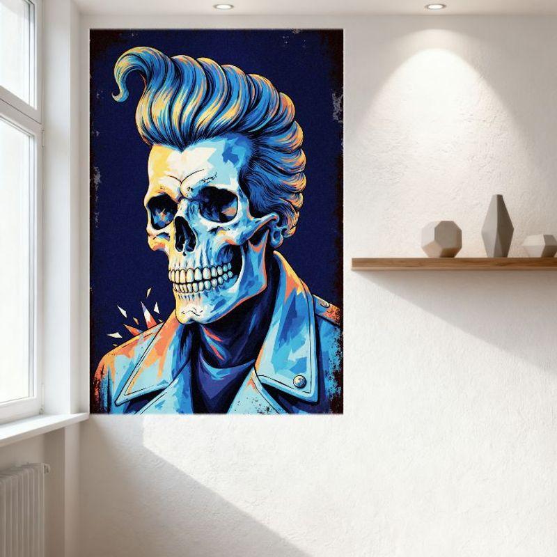 Retro Punk Skeleton Tin Sign Rockabilly Skull Metal Poster Vintage Wall Decor for Bar Pub Home 1950s Aesthetic Blue Hair Pompado