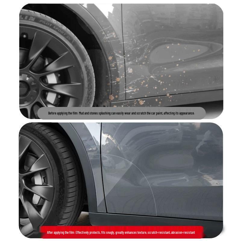 Tesla Model Y/3 Rear Door Refresh Triangle Splash Guard - TPU Transparent Bright Black Film