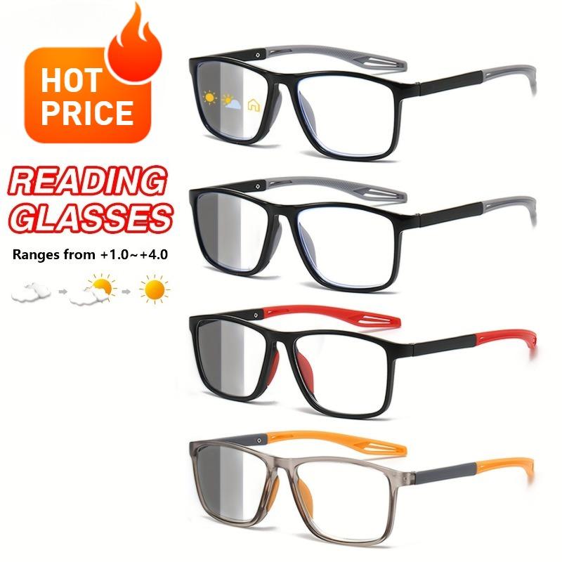 4 Pairs of Rectangular Pochromic Reading Glasses Simple and Fashionable Suitable for Men and Women