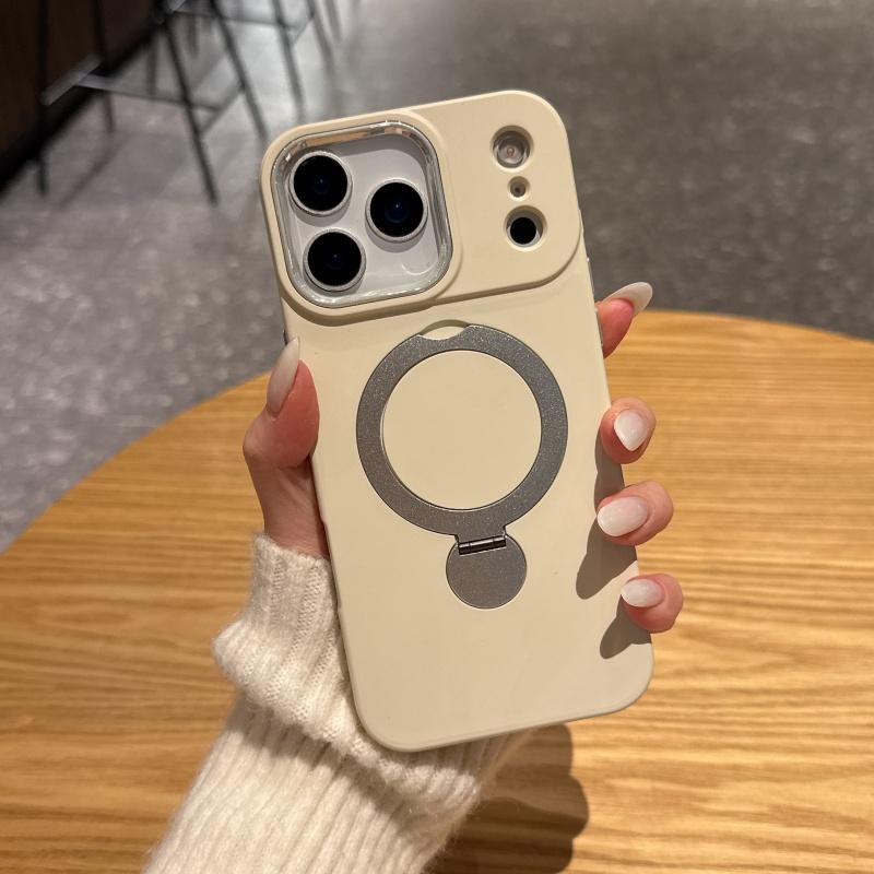 Rotating Bracket Phone Case For iPhone 17 16 15 14 13 Pro Max Luxury Liquid Silicone For Magsafe Magnetic Metal Cover