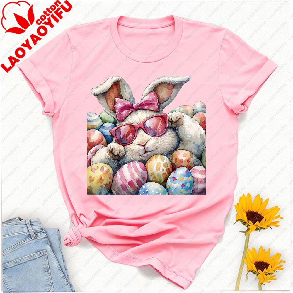 Cozy Easter Bunny Tshirt Watercolor Rabbit In Sunglasses Bow With Colorful Eggs Graphic Relaxed Playful Festive Casual Tshirt